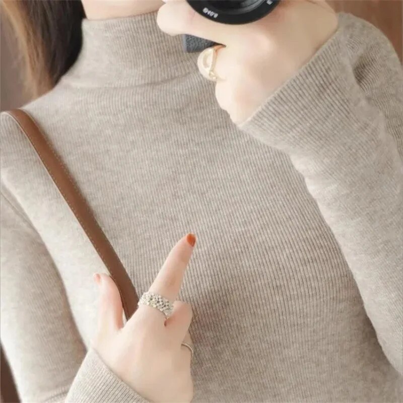 2023 Φθινοπωρινό πουλόβερ Basic με ζιβάγκο στο κάτω μέρος Γυναικείο πουλόβερ με μαλακό λαιμό με ραβδώσεις ελαστικό πουλόβερ Ζεστό μονόχρωμο λεπτό πουλόβερ