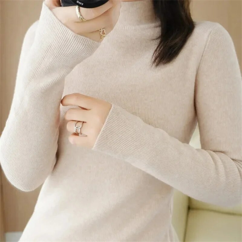 2023 Φθινοπωρινό πουλόβερ Basic με ζιβάγκο στο κάτω μέρος Γυναικείο πουλόβερ με μαλακό λαιμό με ραβδώσεις ελαστικό πουλόβερ Ζεστό μονόχρωμο λεπτό πουλόβερ