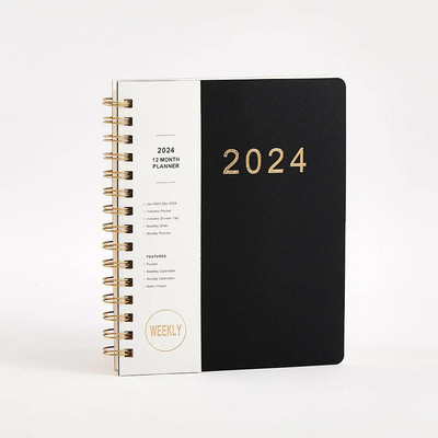 2024. gads 12 mēnešu A5 piezīmjdatoru plānotājs 365 dienas gadā, ikdienas nedēļas darba kārtības grāmata, pilna angļu valodas Kawaii skolas kancelejas preces