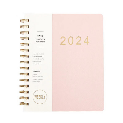2024. gads 12 mēnešu A5 piezīmjdatoru plānotājs 365 dienas gadā, ikdienas nedēļas darba kārtības grāmata, pilna angļu valodas Kawaii skolas kancelejas preces