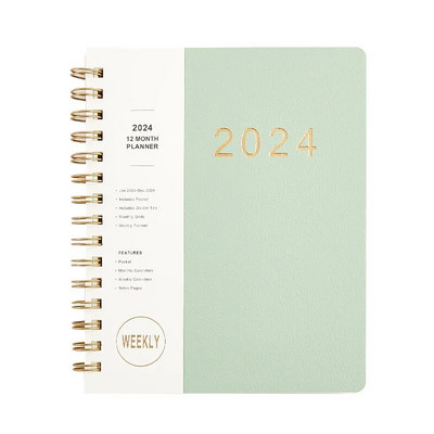 2024. gads 12 mēnešu A5 piezīmjdatoru plānotājs 365 dienas gadā, ikdienas nedēļas darba kārtības grāmata, pilna angļu valodas Kawaii skolas kancelejas preces