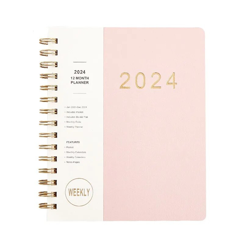 2024. gads 12 mēnešu A5 piezīmjdatoru plānotājs 365 dienas gadā, ikdienas nedēļas darba kārtības grāmata, pilna angļu valodas Kawaii skolas kancelejas preces