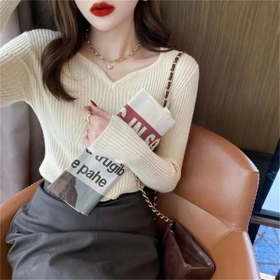 Divatos női hosszú ujjú kötött pulóverek tavaszi ősz új, tömör, vékony, V-nyakú koreai alap hétköznapi alsó pulóverek felsők