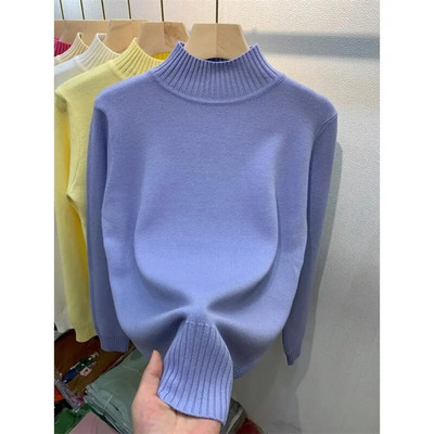 Jauni džemperi sievietēm rudens ziemas ar garām piedurknēm trikotāžas džemperi ar pusi apkakles sieviešu kašmira džemperi ar mīkstu apakšu.