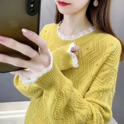 Dobs džemperis ar garām piedurknēm T-krekls ar O veida kakla izgriezumu Adīšana Zaļš sieviešu džemperis ar brīvu apakšu ikdienas pavasara rudens