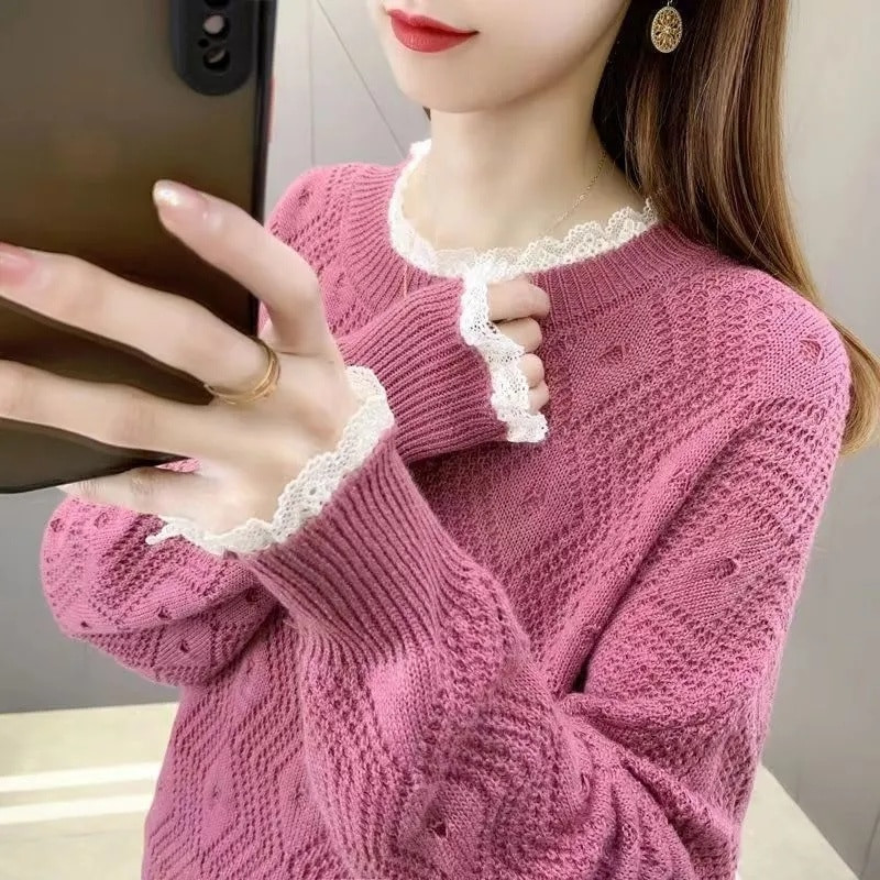 Dobs džemperis ar garām piedurknēm T-krekls ar O veida kakla izgriezumu Adīšana Zaļš sieviešu džemperis ar brīvu apakšu ikdienas pavasara rudens