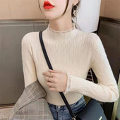 Masīvi džemperi ar apkakli sievietēm Eleganti, garām piedurknēm, tievi, trikotāžas džemperi, rudens ziemas mīksta pamata džemperi