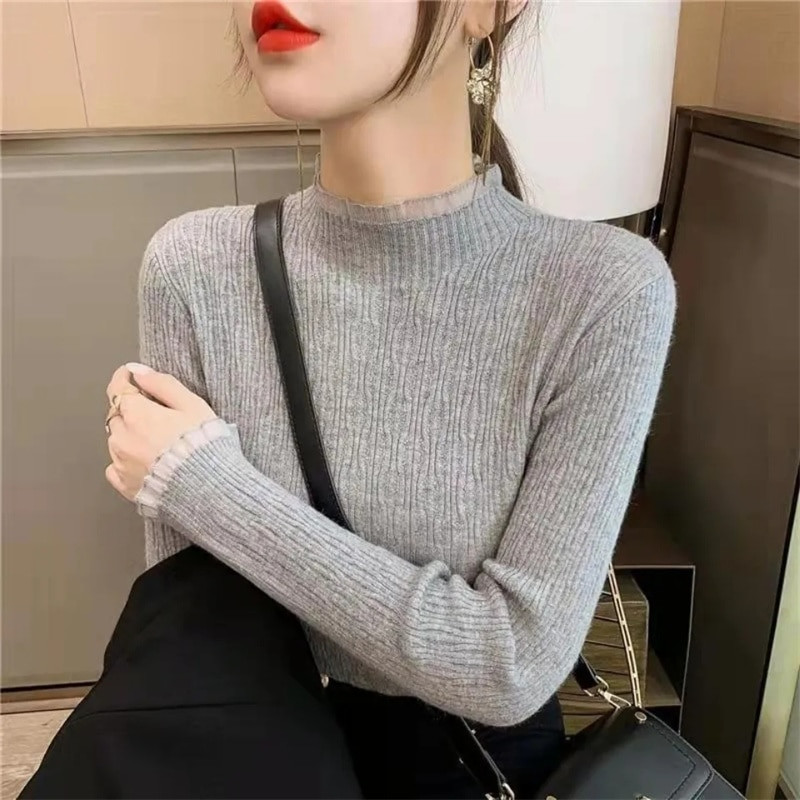 Masīvi džemperi ar apkakli sievietēm Eleganti, garām piedurknēm, tievi, trikotāžas džemperi, rudens ziemas mīksta pamata džemperi