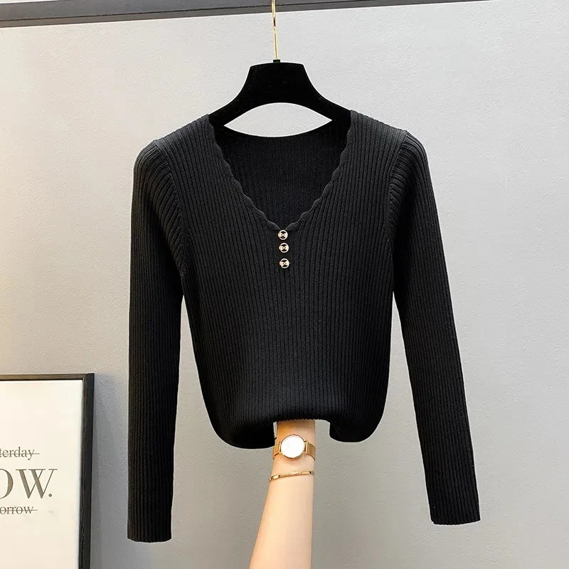 2023 Φθινοπωρινό γυναικείο σέξι πουλόβερ με λαιμόκοψη με λαιμόκοψη πλεκτό μακρυμάνικο πουλόβερ με μασίφ κάτω μέρος για γυναίκες Casual πουλόβερ πουλόβερ πουλόβερ