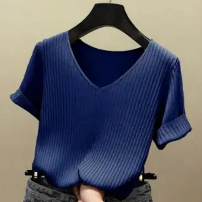 2023. gada jauns vasaras V veida kakla izgriezuma trikotāžas džemperis Sieviešu īsām piedurknēm Džemperi Puloveri Ikdienišķs Slim Fit Trikotāžas apakškrekls