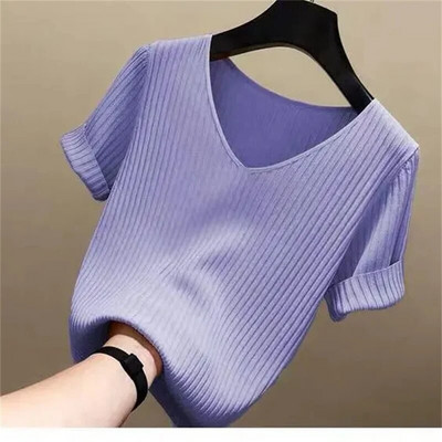 2023. gada jauns vasaras V veida kakla izgriezuma trikotāžas džemperis Sieviešu īsām piedurknēm Džemperi Puloveri Ikdienišķs Slim Fit Trikotāžas apakškrekls