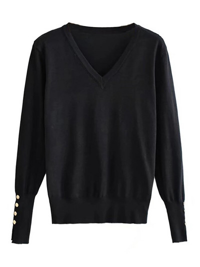 TRAF Дамска мода с метални копчета, плетен пуловер, реколта, V-образно деколте, дълъг ръкав, женски пуловери, шикозни топове