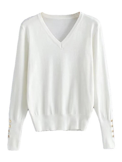 TRAF Дамска мода с метални копчета, плетен пуловер, реколта, V-образно деколте, дълъг ръкав, женски пуловери, шикозни топове