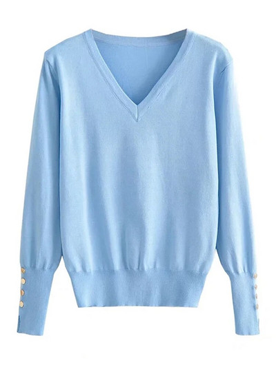 TRAF Дамска мода с метални копчета, плетен пуловер, реколта, V-образно деколте, дълъг ръкав, женски пуловери, шикозни топове