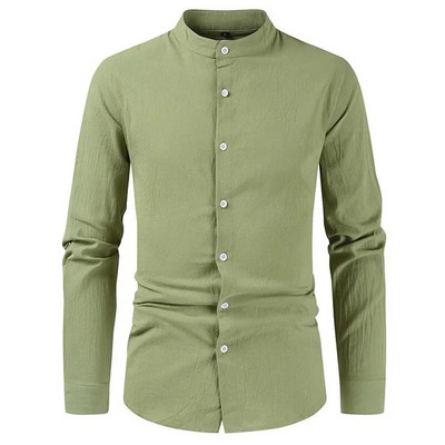 2023 Пролет Есен Памучни ленени ризи с яка и дълги ръкави Мъжки едноредни ризи с дълъг ръкав Ежедневна мъжка блуза Мъжка