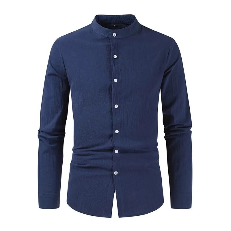2023 Jarná jesenná košeľa s golierom z bavlny a ľanu, jednofarebná, s dlhým rukávom, ležérna pánska blúzka s jedným radom