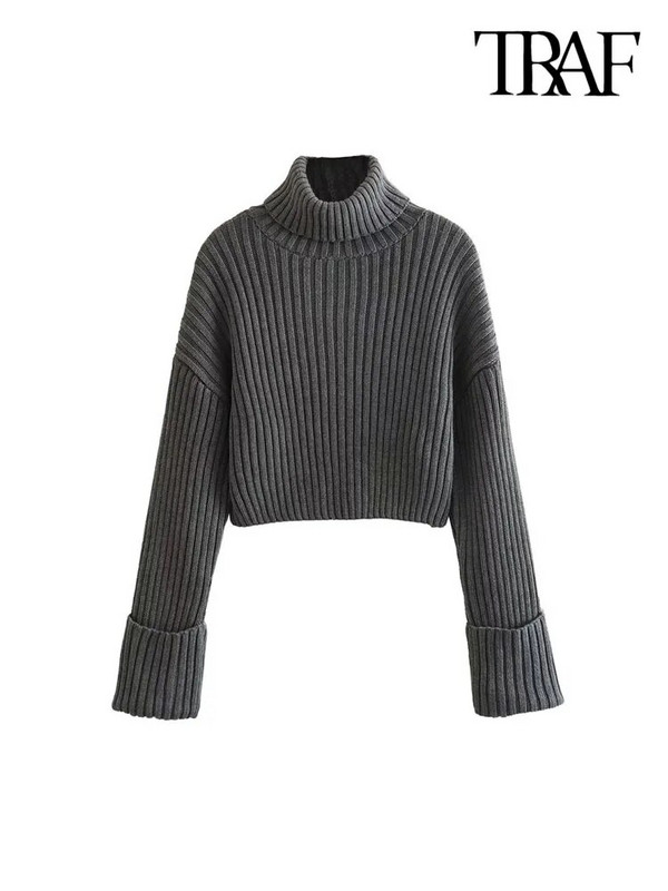TRAF Γυναικεία Μόδα Πλεκτό Πλεκτό Πλεκτό Πουλόβερ με ψηλό λαιμό και μακρυμάνικο γυναικεία πουλόβερ Κομψά μπλουζάκια