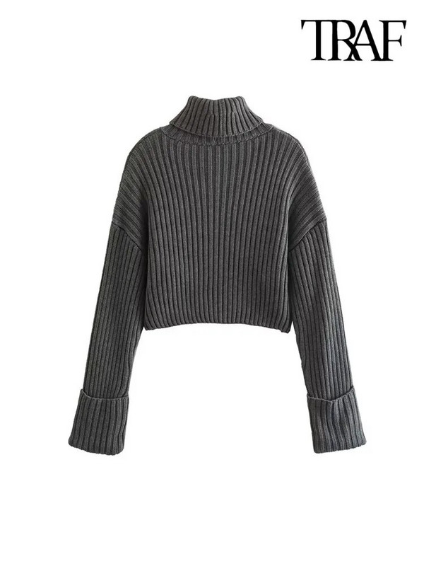 TRAF Γυναικεία Μόδα Πλεκτό Πλεκτό Πλεκτό Πουλόβερ με ψηλό λαιμό και μακρυμάνικο γυναικεία πουλόβερ Κομψά μπλουζάκια