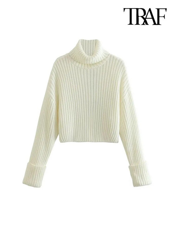 TRAF Γυναικεία Μόδα Πλεκτό Πλεκτό Πλεκτό Πουλόβερ με ψηλό λαιμό και μακρυμάνικο γυναικεία πουλόβερ Κομψά μπλουζάκια