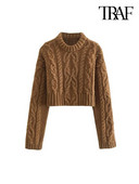 TRAF sieviešu modes apgriezts kabeļu trikotāžas džemperis ar garām piedurknēm, sieviešu džemperi, eleganti topi