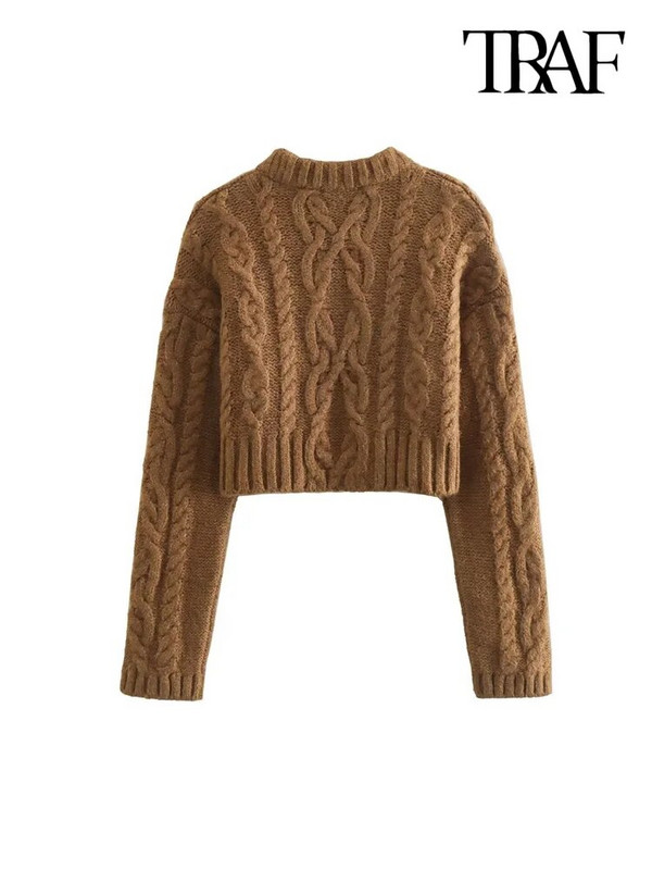 TRAF sieviešu modes apgriezts kabeļu trikotāžas džemperis ar garām piedurknēm, sieviešu džemperi, eleganti topi
