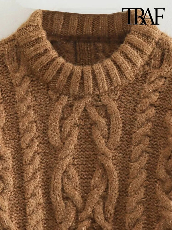 TRAF sieviešu modes apgriezts kabeļu trikotāžas džemperis ar garām piedurknēm, sieviešu džemperi, eleganti topi