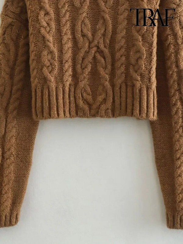 TRAF sieviešu modes apgriezts kabeļu trikotāžas džemperis ar garām piedurknēm, sieviešu džemperi, eleganti topi