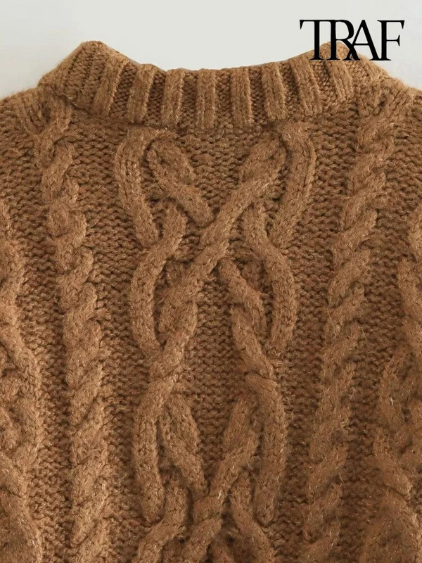 TRAF sieviešu modes apgriezts kabeļu trikotāžas džemperis ar garām piedurknēm, sieviešu džemperi, eleganti topi