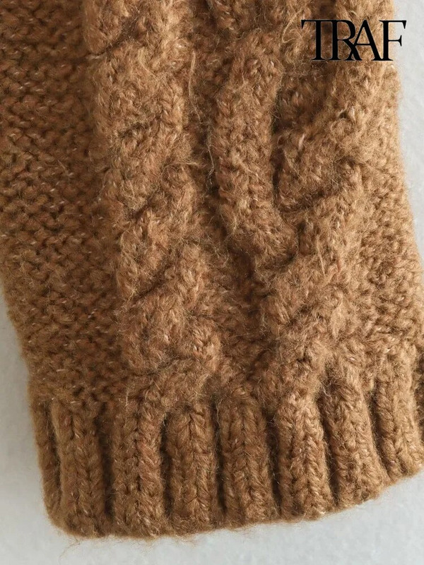 TRAF sieviešu modes apgriezts kabeļu trikotāžas džemperis ar garām piedurknēm, sieviešu džemperi, eleganti topi