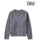 TRAF női divat, túlméretezett puha kötött pulóver, vintage V nyakú, hosszú ujjú női pulóverek elegáns felsők