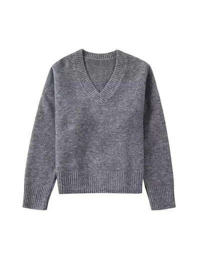 TRAF női divat, túlméretezett puha kötött pulóver, vintage V nyakú, hosszú ujjú női pulóverek elegáns felsők