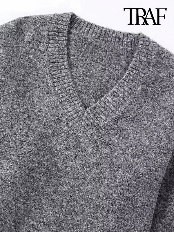 TRAF női divat, túlméretezett puha kötött pulóver, vintage V nyakú, hosszú ujjú női pulóverek elegáns felsők