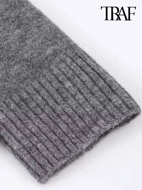 TRAF női divat, túlméretezett puha kötött pulóver, vintage V nyakú, hosszú ujjú női pulóverek elegáns felsők