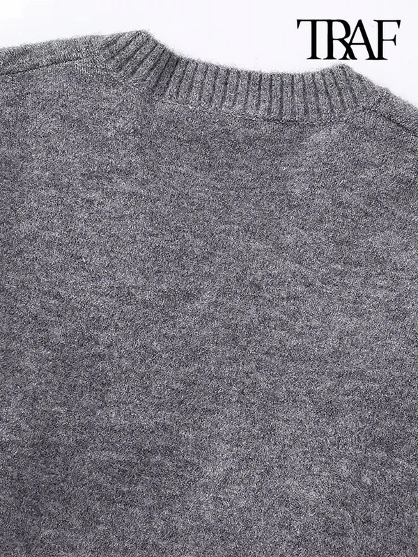 TRAF női divat, túlméretezett puha kötött pulóver, vintage V nyakú, hosszú ujjú női pulóverek elegáns felsők