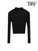 TRAF naiste mood kärbitud soonik, kootud kampsun, kõrge kaelusega, pikkade varrukatega, naiste pulloverid, stiilsed topid