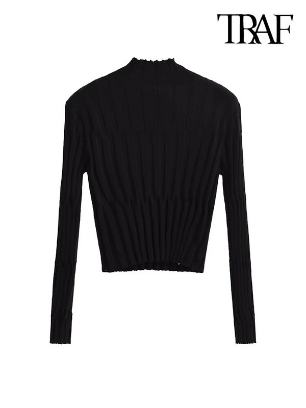 TRAF naiste mood kärbitud soonik, kootud kampsun, kõrge kaelusega, pikkade varrukatega, naiste pulloverid, stiilsed topid