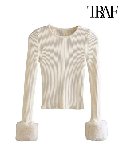 TRAF Moda pentru femei, cu blană artificială, pulover crop tricot, vintage, cu mânecă lungă, cu gâtul în formă de O, pulovere pentru femei, Topuri șic