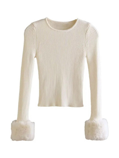 TRAF Női divat műszőrmével, szabott, kötött pulóver Vintage O nyakú, hosszú ujjú női pulóverek elegáns felsők