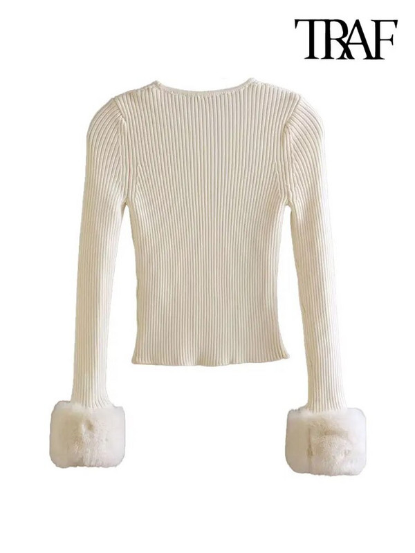TRAF Női divat műszőrmével, szabott, kötött pulóver Vintage O nyakú, hosszú ujjú női pulóverek elegáns felsők