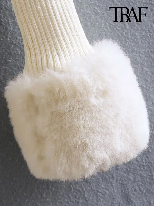 TRAF Női divat műszőrmével, szabott, kötött pulóver Vintage O nyakú, hosszú ujjú női pulóverek elegáns felsők