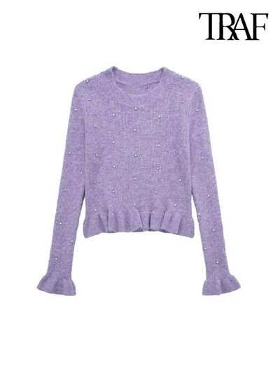 TRAF női divat fodros gyöngyökkel Crop Kötött pulóver Vintage O nyakú, hosszú ujjú női pulóverek Elegáns felsők
