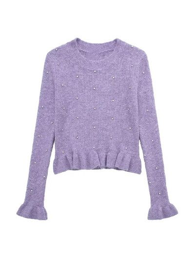 TRAF női divat fodros gyöngyökkel Crop Kötött pulóver Vintage O nyakú, hosszú ujjú női pulóverek Elegáns felsők