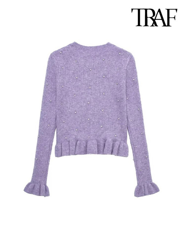 TRAF női divat fodros gyöngyökkel Crop Kötött pulóver Vintage O nyakú, hosszú ujjú női pulóverek Elegáns felsők