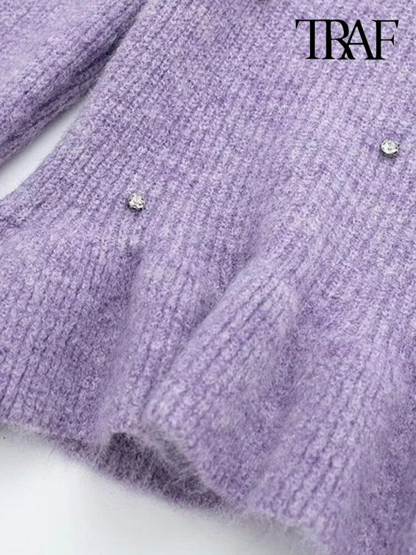 TRAF női divat fodros gyöngyökkel Crop Kötött pulóver Vintage O nyakú, hosszú ujjú női pulóverek Elegáns felsők