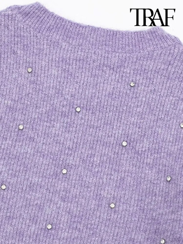 TRAF női divat fodros gyöngyökkel Crop Kötött pulóver Vintage O nyakú, hosszú ujjú női pulóverek Elegáns felsők