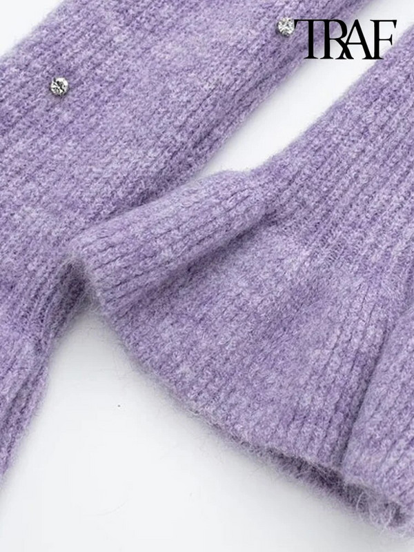 TRAF női divat fodros gyöngyökkel Crop Kötött pulóver Vintage O nyakú, hosszú ujjú női pulóverek Elegáns felsők