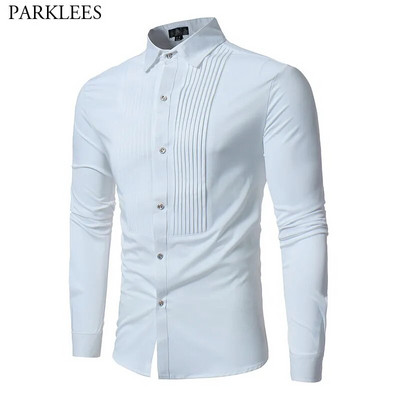 Едноцветна мъжка риза Смокинг Ризи Младоженец Сватбени ризи С дълъг ръкав Slim Fit Ежедневни мъжки ризи Camisa Masculina XL
