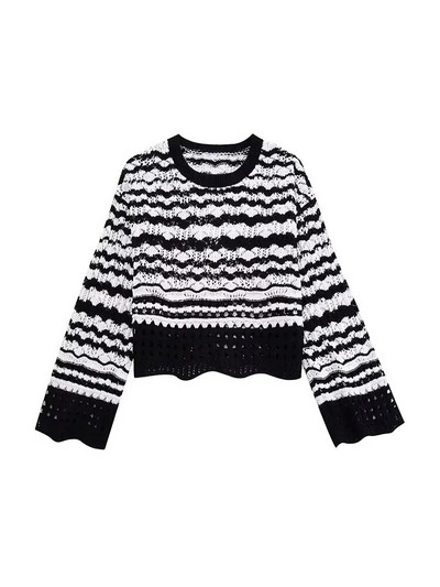 TRAF Sieviešu modes svītrains šenila apgriezts trikotāžas džemperis Vintage O kakla ar garām piedurknēm Sieviešu džemperi Šiki topi