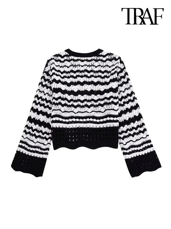 TRAF Sieviešu modes svītrains šenila apgriezts trikotāžas džemperis Vintage O kakla ar garām piedurknēm Sieviešu džemperi Šiki topi