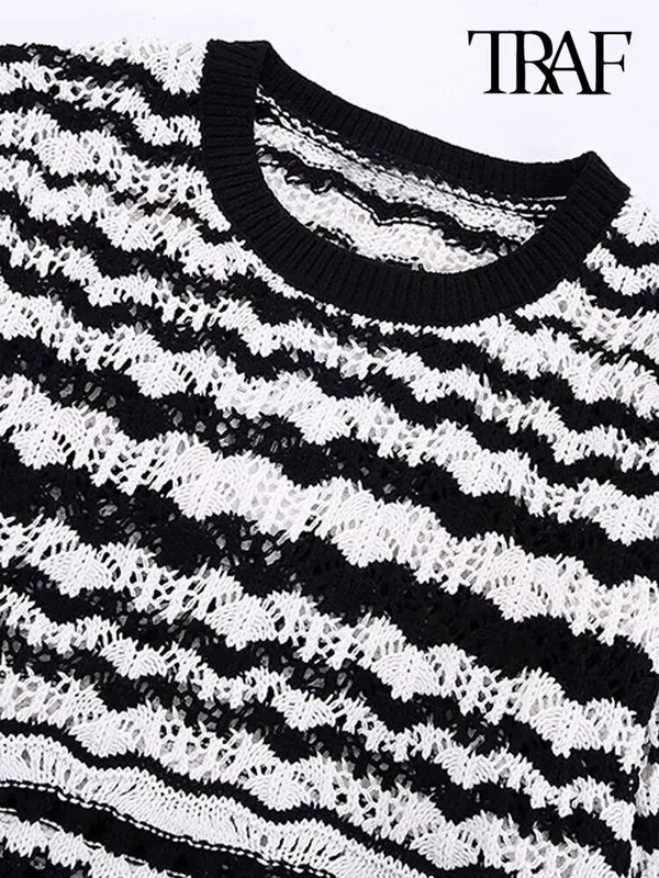 TRAF Sieviešu modes svītrains šenila apgriezts trikotāžas džemperis Vintage O kakla ar garām piedurknēm Sieviešu džemperi Šiki topi
